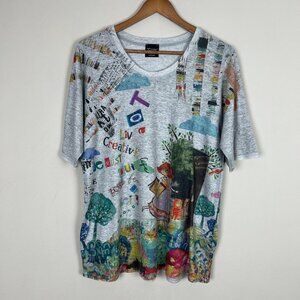 Inoah Top Womens Large Gray Knit Art to‎ Wear Cat Lady Short Sleeve Graphic L